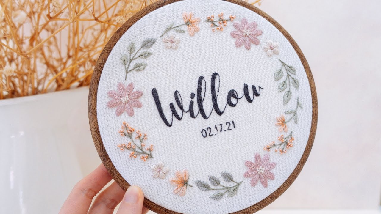 Simple hand embroidery design for beginners - Modern pastel flowers & letters embroidery pattern