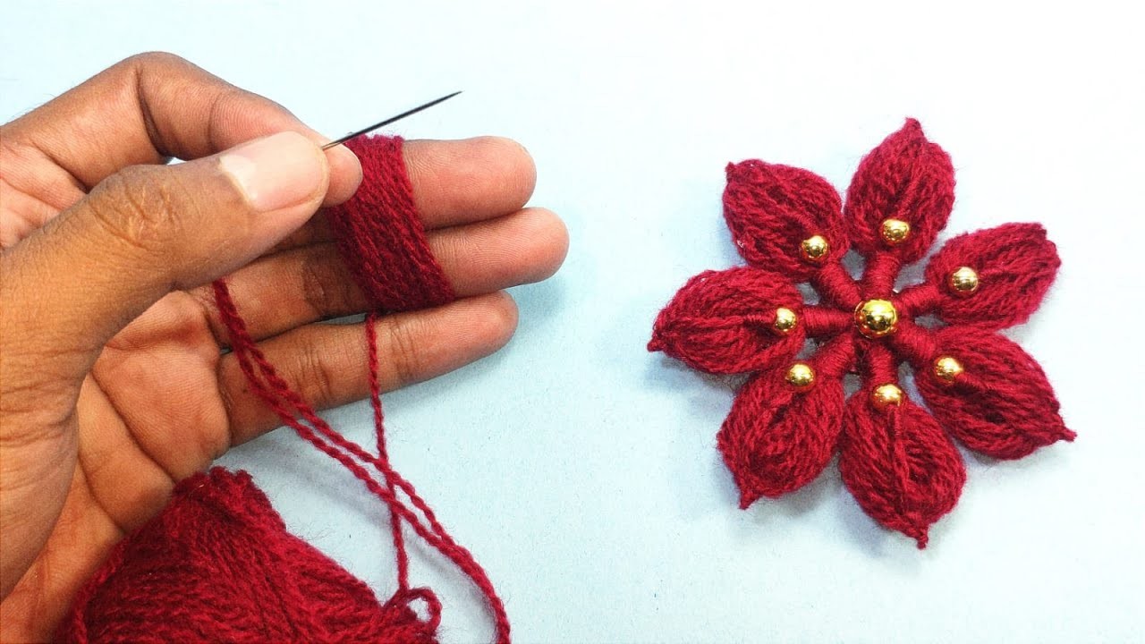 Woolen Flower Using Finger Super Easy to Make - Great Idea Hand Embroidery
