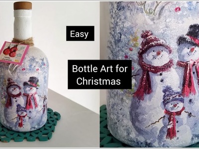 Christmas bottle Art.  Decoupage on Bottle. Easy bottle Art