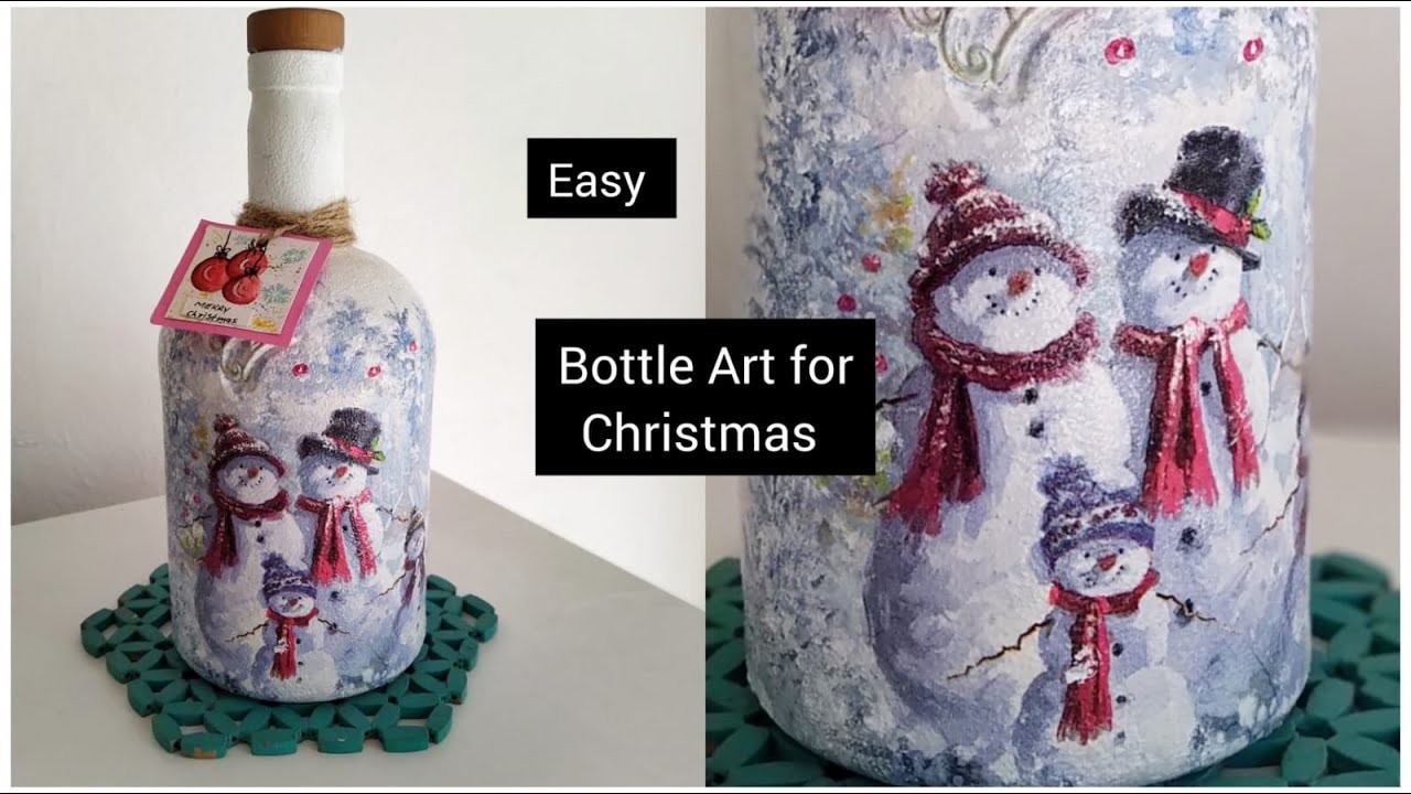 Christmas bottle Art.  Decoupage on Bottle. Easy bottle Art