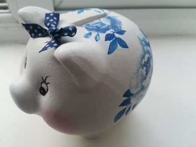 Decoupage pig money box with blue roses - Handmade
