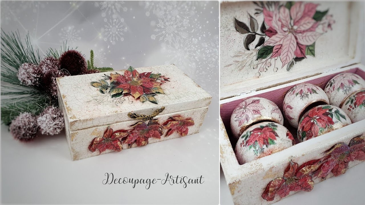 Decoupage : table rings with poinsettia (star of Bethlehem) in a box  #itdcollection #decoupage . 