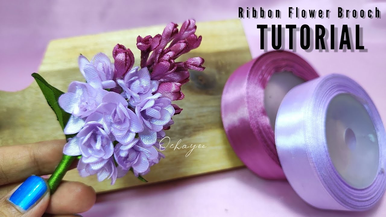 DIY.how to make satin ribbon flower easy.lilac flower brooch