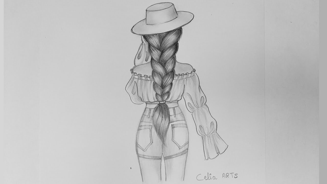 Girl Drawing Backside Jeans with Long Braid