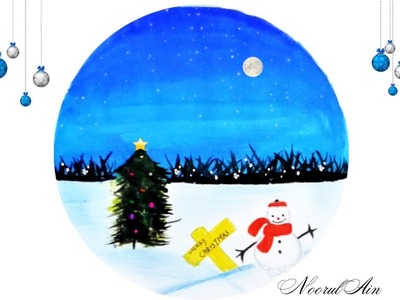 How to draw Scenery of Snowman Church and Christmas Tree _ Easy Poster color Painting