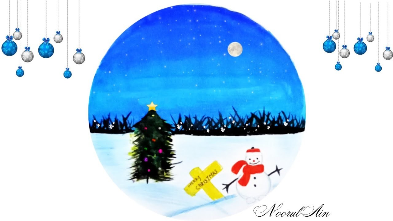 How to draw Scenery of Snowman Church and Christmas Tree _ Easy Poster color Painting