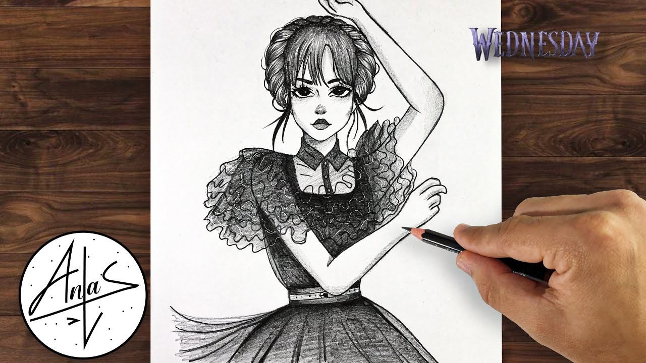 How to Draw WEDNESDAY ADDAMS, Drawing Tutorial (step by step)