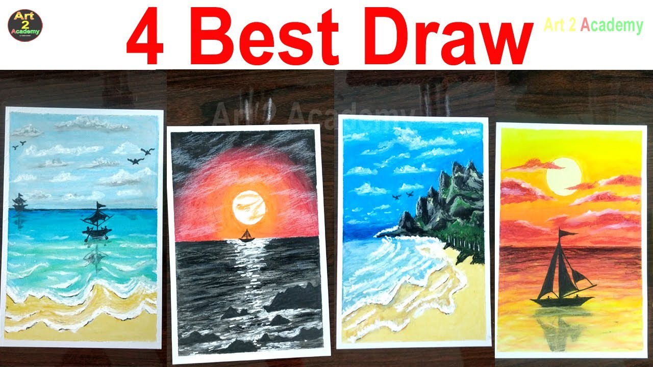 4 Best Draw Realistic Sea Beach Scenery  | Drawing | Art 2 Academy | #art , #art2academy , #panting