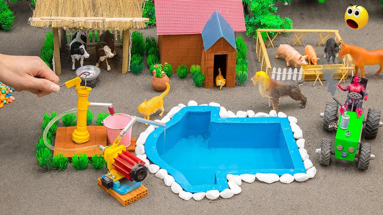 DIY mini Farm Diorama with house for Cow,Pig | Mini Hand Pumb Supply Water Pool for animals #10