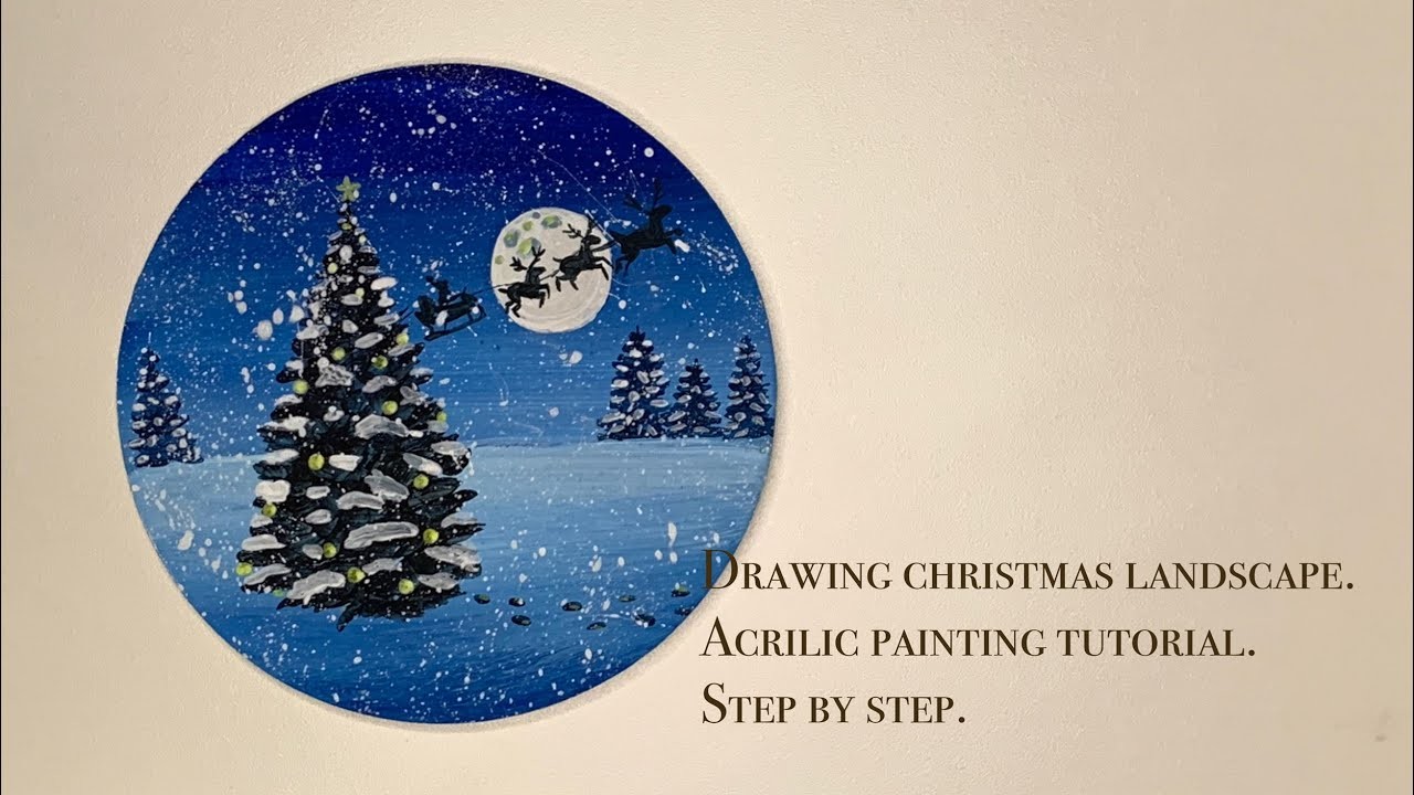 How to draw christmas landscape with acrilic step by step. Free art lessons. Drawing tutorial.