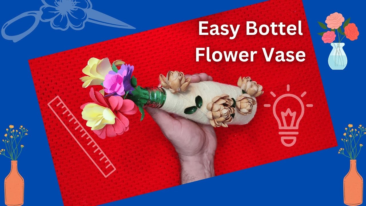 How to make a flower vase with glass bottle - bottle flower design easy - flower vase decoration