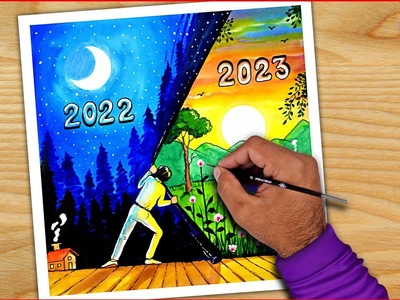 Happy New Year Drawing 2023 - New Year's Painting watercolors tutorial