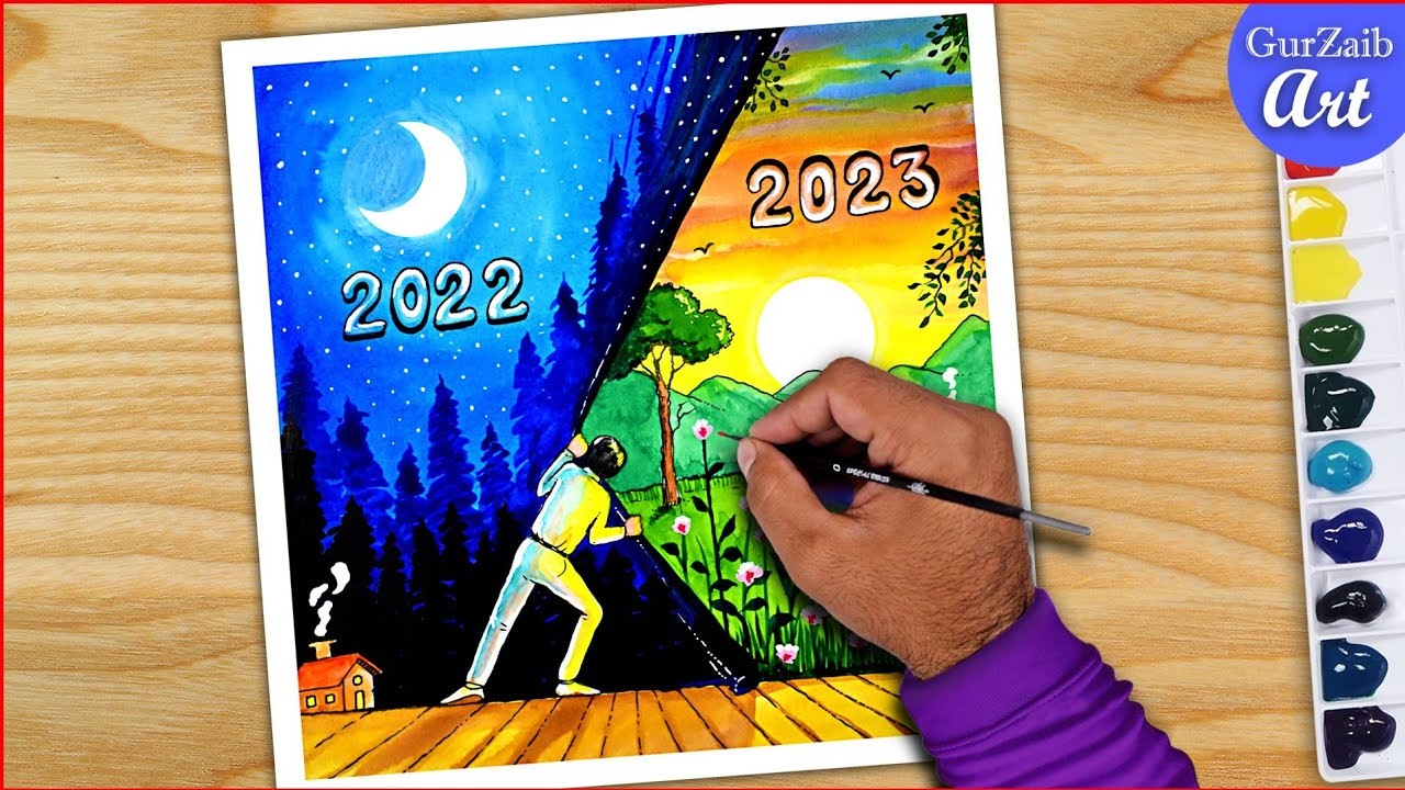 Happy New Year Drawing 2023 - New Year's Painting watercolors tutorial