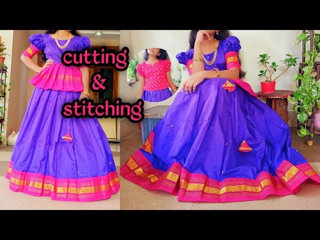 Pattu langa jacket cutting and stitching || saree to lehenga blouse || Traditional crop top lehenga