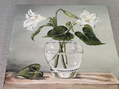 White Flowers in Glass Vase Acrylic Painting  For Beginners