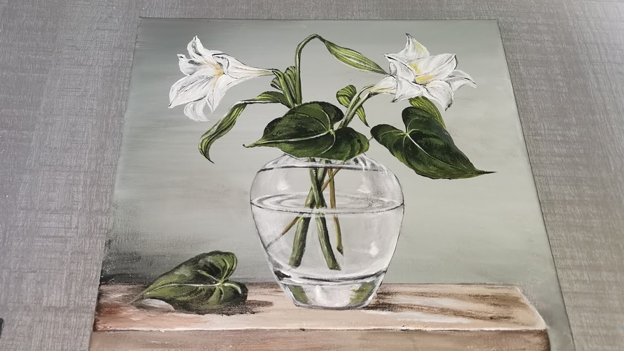 White Flowers in Glass Vase Acrylic Painting  For Beginners