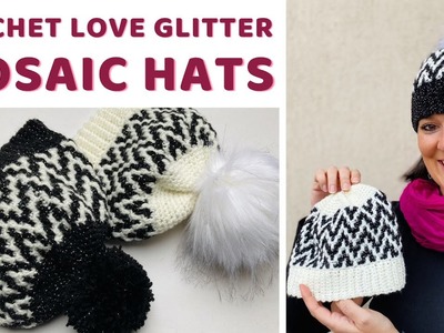 Crochet Mosaic Love Glitter Hats Black and White women and kid size, free pattern and mosaic chart
