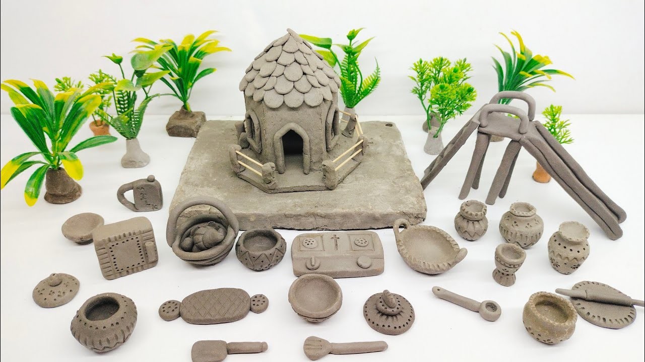 DIY How to make polymer clay miniature House, Playground, Kitchen set