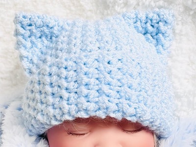 SUPER CUTE! Crochet Baby Hat with Ears FAST AND EASY CROCHET PATTERN FOR ALL SIZES with measurements