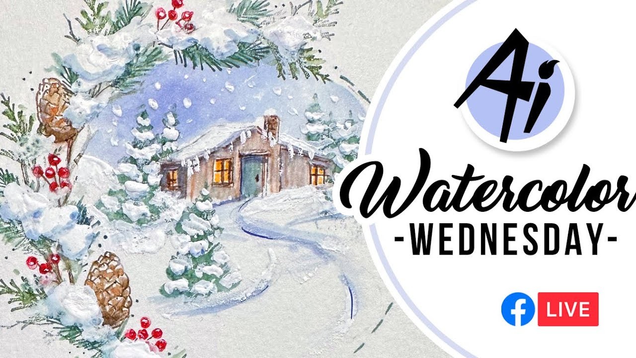 Ai Watercolor - Snowy Cabin in the Woods with Wreath