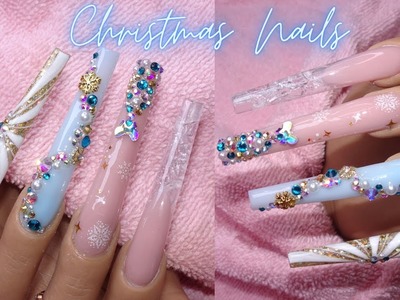 Blue Christmas Nails | Acrylic Nails Tutorial | 3XL Coffin Nails | Natali Carmona