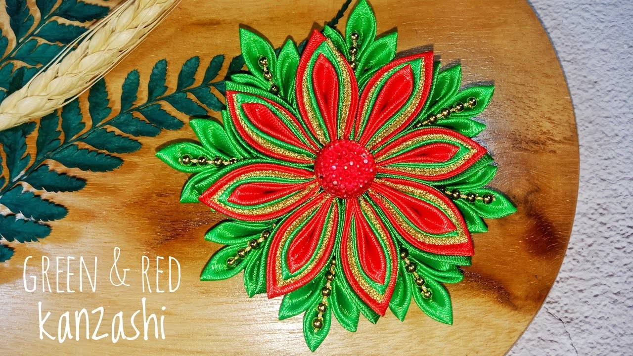 DIY Green and Red Kanzashi Snowflake || Satin Ribbon Craft