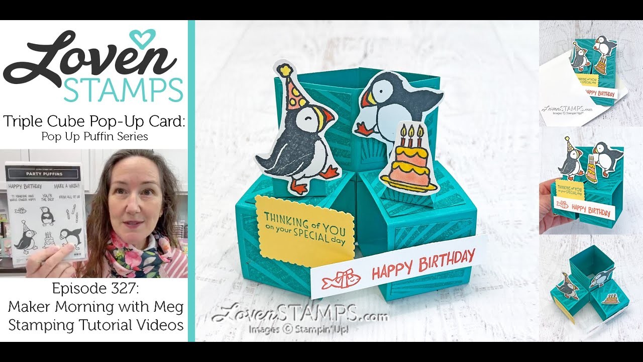 Ep 327, How to Make the Triple Cube Pop-Up Card: Birthday Card with Stampin' Up!®'s Party Puffins