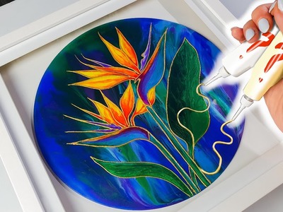 DIP with SUPER EASY GOLD Relief - Birds of Paradise Pour… on MIRROR! | AB Creative Tutorial