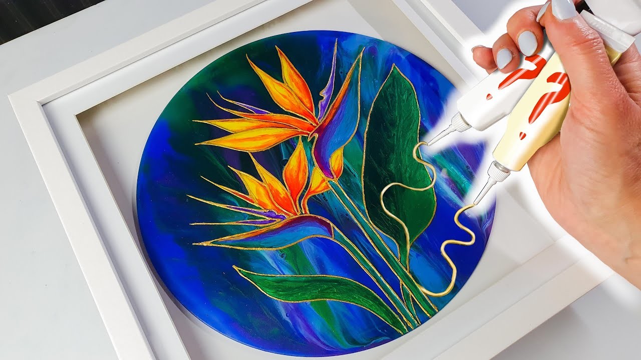 DIP with SUPER EASY GOLD Relief - Birds of Paradise Pour… on MIRROR! | AB Creative Tutorial