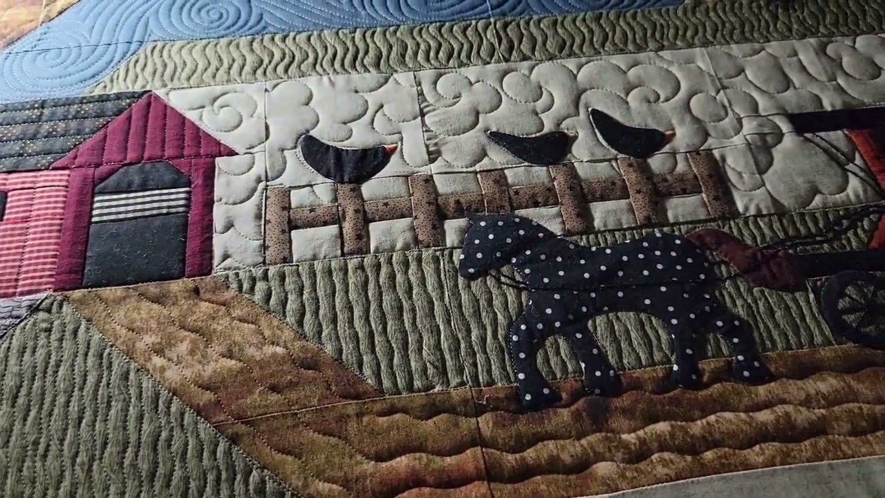 Farm Quilt Part 3 Free Motion Custom Longarm Quilting Covered Bridge Fence Buggy Horse by Adria Good