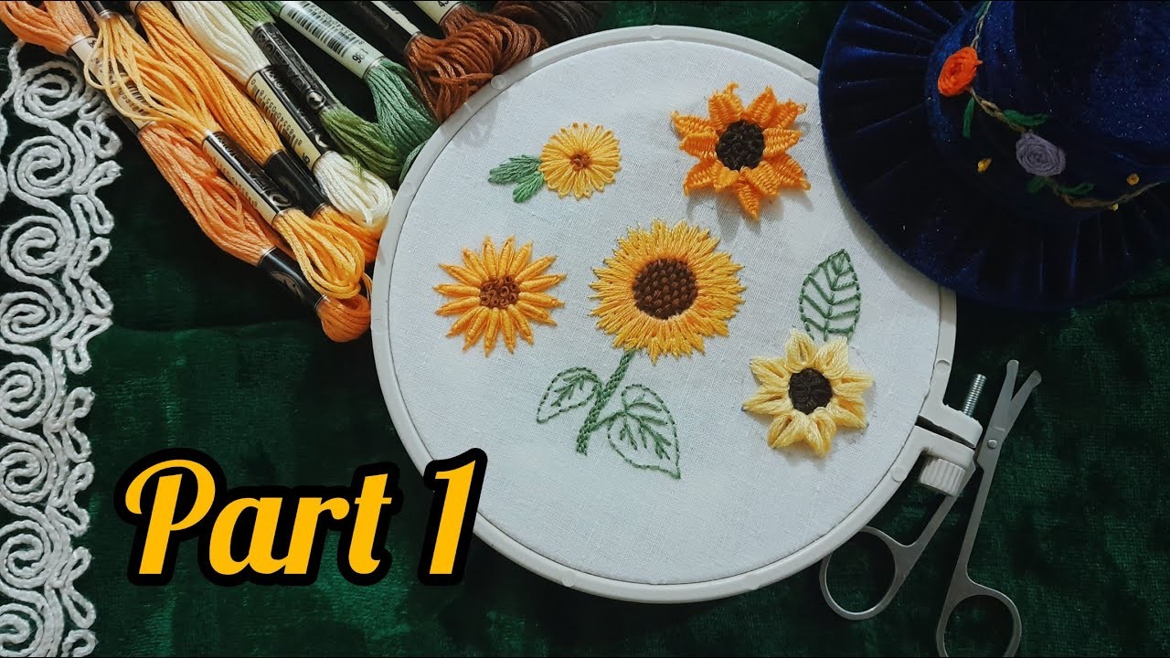 Hand embroidery stitches.sunflower.Sewing tutorial for 5 sunflower models