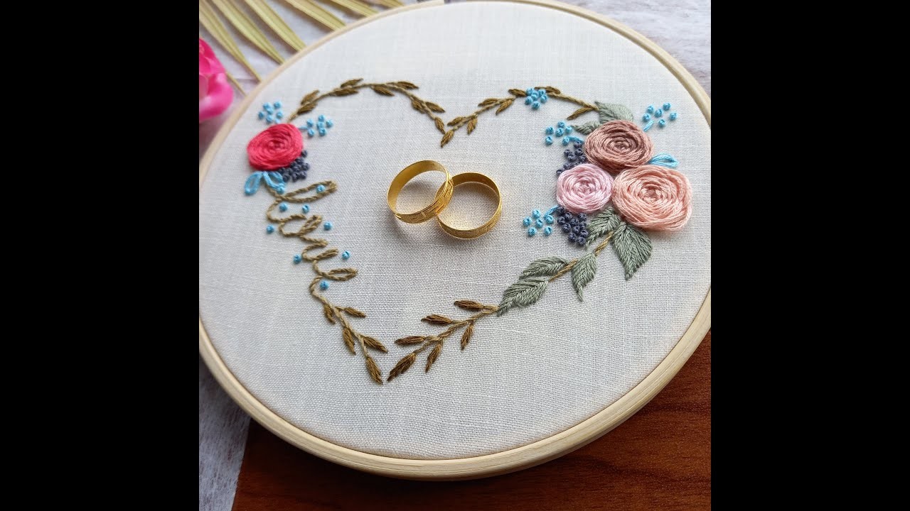 Heart Floral Embroidery for Wedding Full Tutorial with pattern