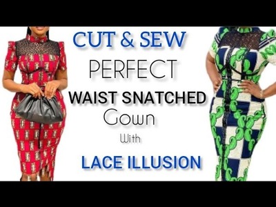 HOW to CUT & SEW perfect WAIST SNATCHING GOWN with  LACE illusion.#diy #begginersfriendly #detailed