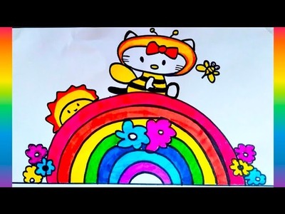 How to draw a cute rainbow with sun and honeybee kitty