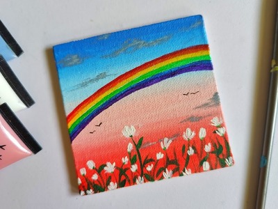 Mini canvas sunset rainbow with flowers landscape painting for beginners || aesthetic paintings