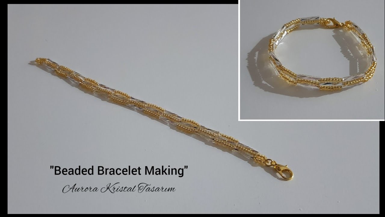 Bileklik yapımı. Shiny woven bracelet making without loom. Beaded bracelet tutorial.