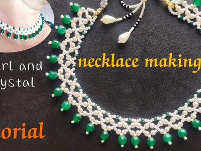 Necklace making||pearl necklace tutorial||crystal necklace making