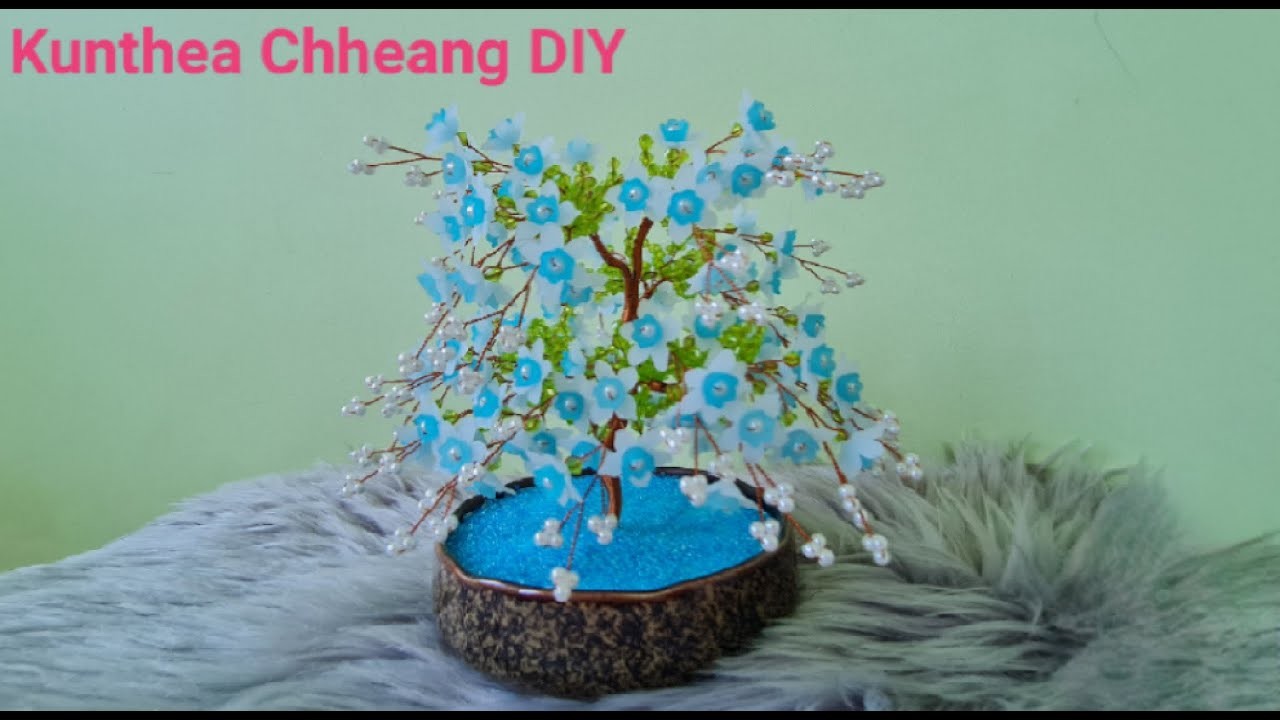 #tutorial how to make a small blue flowers tree from Pearl, Seeds & plastic flowers #diy #diycrafts