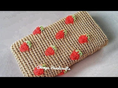 How to crochet mobile phone cover 3D strawberry stitch. Step by Step!