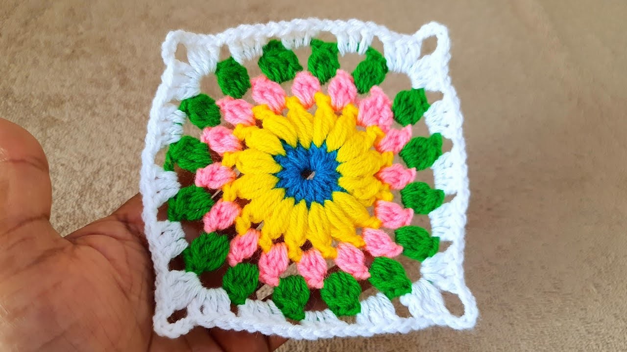 Square flower pattern,  woolen square design,  crochet square pattern, crosia ke design