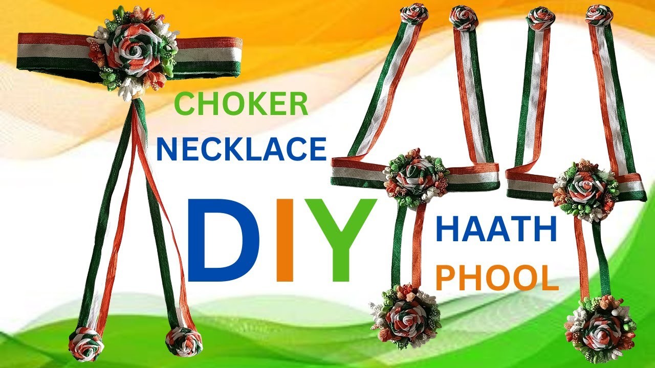 DIY Tricolor Ribbon Flower Haath Phool & Necklace Jewelry Set for Republic Independence Day - Part 4