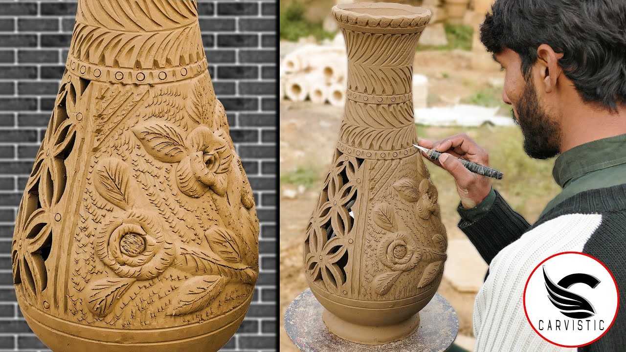 Astounding 3D Clay Flowers making & Alluring Design Carving on a Clay Vase - Carvistic