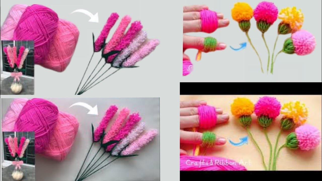 Super Easy Woolen Flower Making with Finger-Hand Embroidery  Amazing Trick-DIY Wool Flower Design