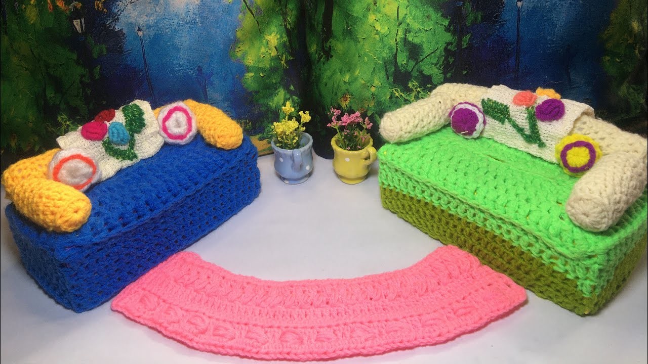 Crochet sofa????????baby doll house sofa cum tissue box. 