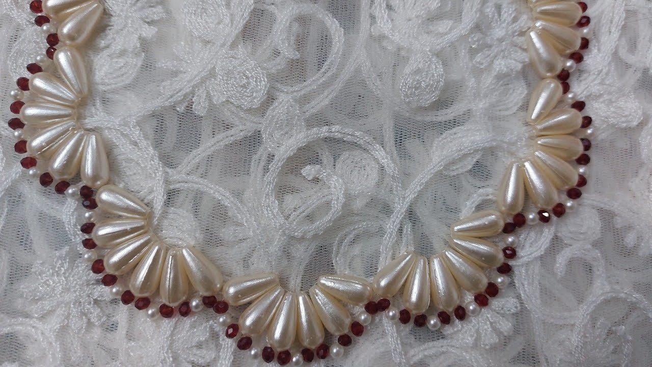 DIY DROP PEARL AND RUBY NECKLACE#HANDMADE BEADED NECKLACE#HOW TO MAKE NECKLACE#PEARL JEWELLERY