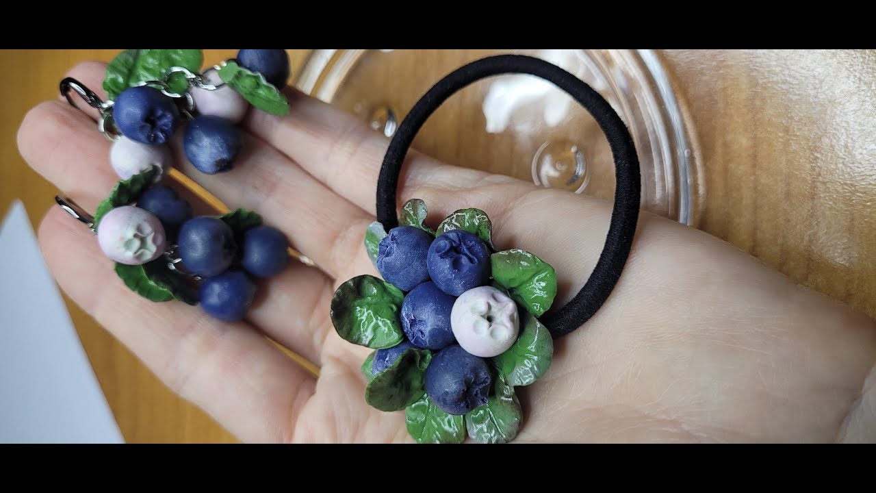 DIY:Blueberry, earrings with polymer clay berry, hair band with berries, berry set.