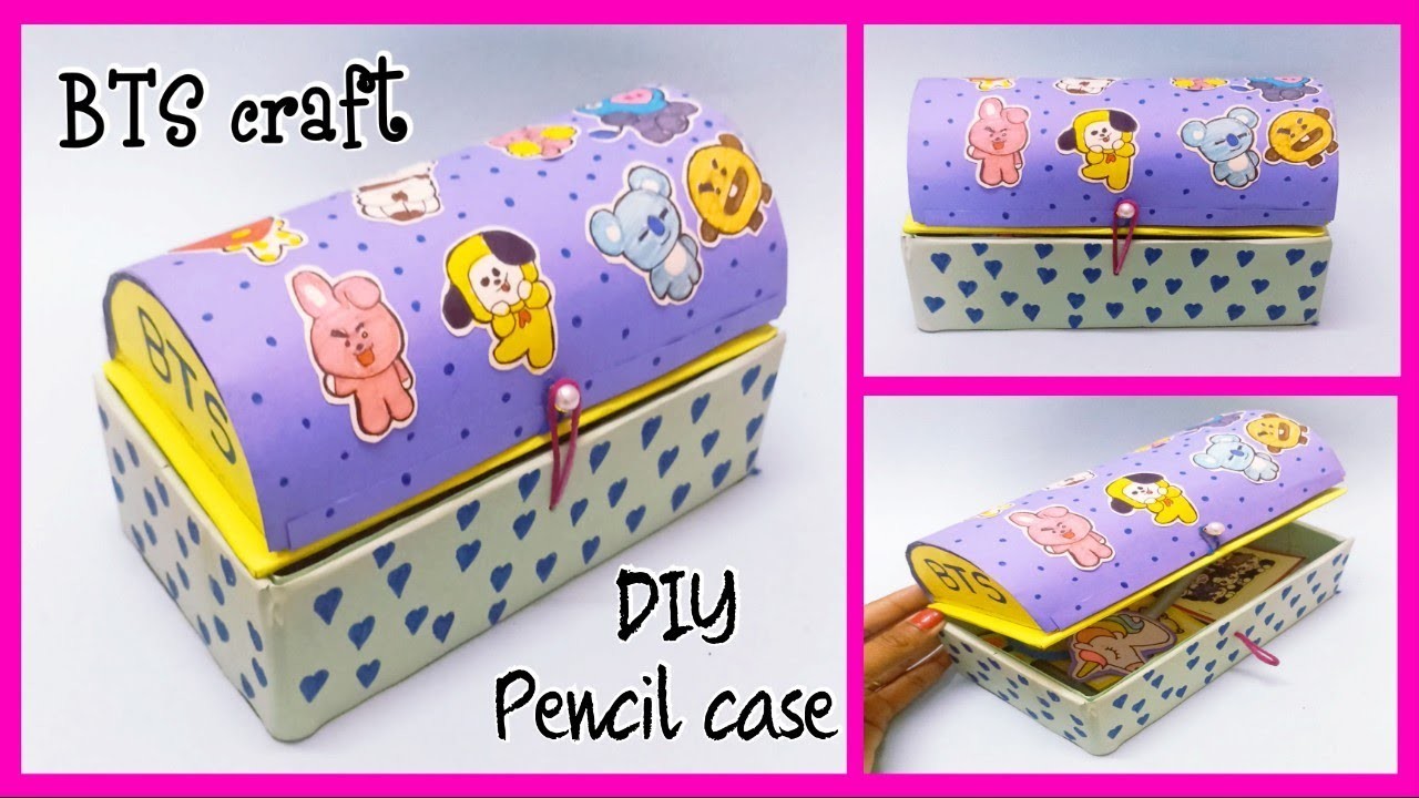 DIY BTS Pencil Box craft idea. how to make BTS pen pencil case with waste cardboard box. pen holder