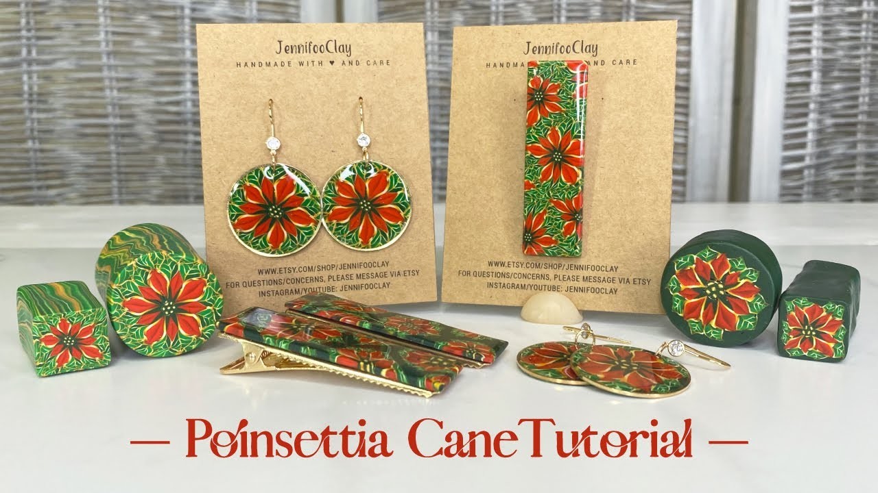 Poinsettia Clay Earrings and Hair Barrettes | Flower Cane Tutorial | Poinsettia Cane Tutorial