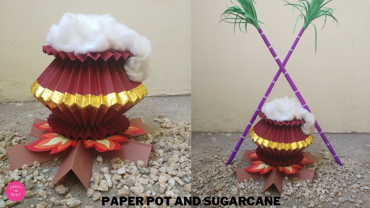 DIY Pongal Pot and Sugarcane Using Paper | Pongal Decoration Ideas | Paper pot @craftthebest1