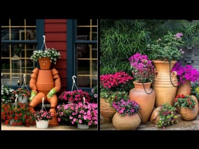 Garden decor ideas with colourful shade clay jugs and pots & plant list  decor. #homeandgarden